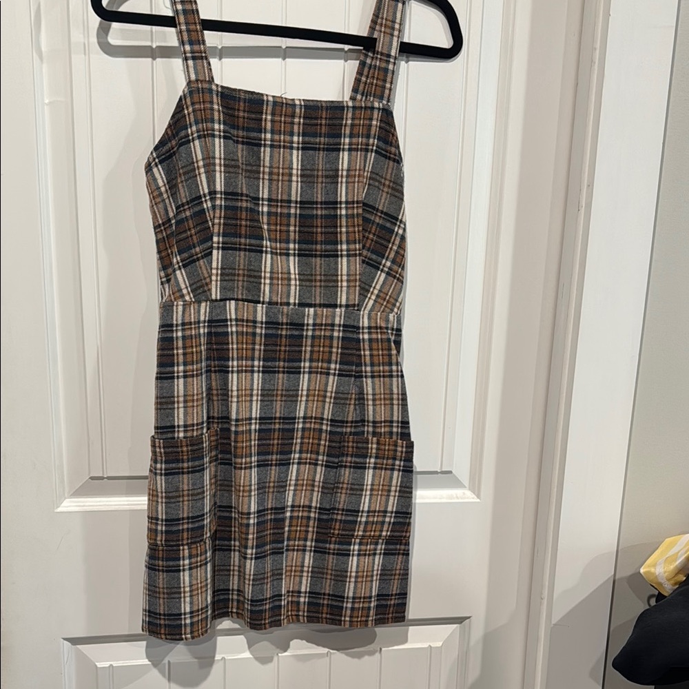 Plaid Square-Neck Pinafore Dress in Brown and Gray